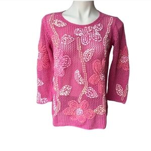 Sigrid Olsen Pink Multi Hand Knitted Floral Sweater Y2K Size Medium Petite